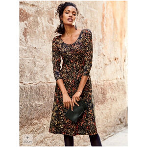 Peruvian Connection XS Giuliana Moody Floral Midi Dress 3/4 Sleeve Jersey Knit